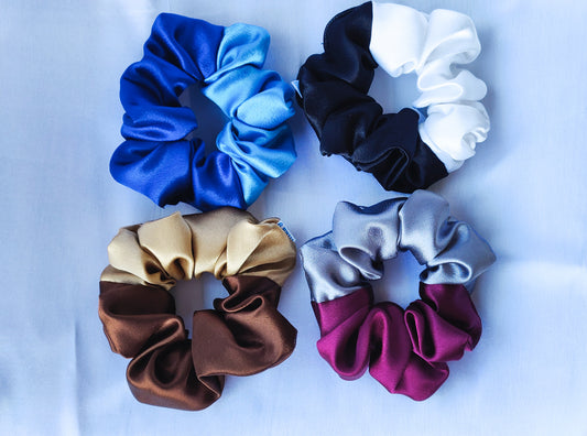 D1 - Premium Satin Scrunchies for Women / Girls - Dual colour - Large Size - Pack of 4