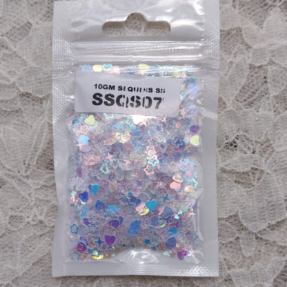 Holographic Sequins - Star & Heart Mix - White